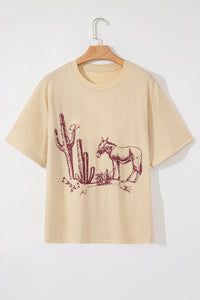 Plus Size Tan Western Burro Cactus Crew Neck Graphic Tee