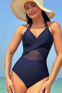 Navy Blue Mesh Insert Cross Front One-Piece Halter Swimsuit