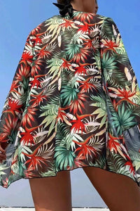 3-Piece Tropical Print Contrast Halter Bikini Set with Cover Up