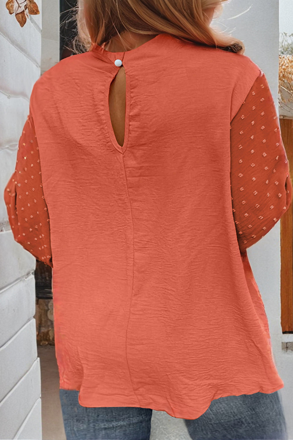 Russet Orange Swiss Dot Balloon Sleeve Mock Neck Blouse