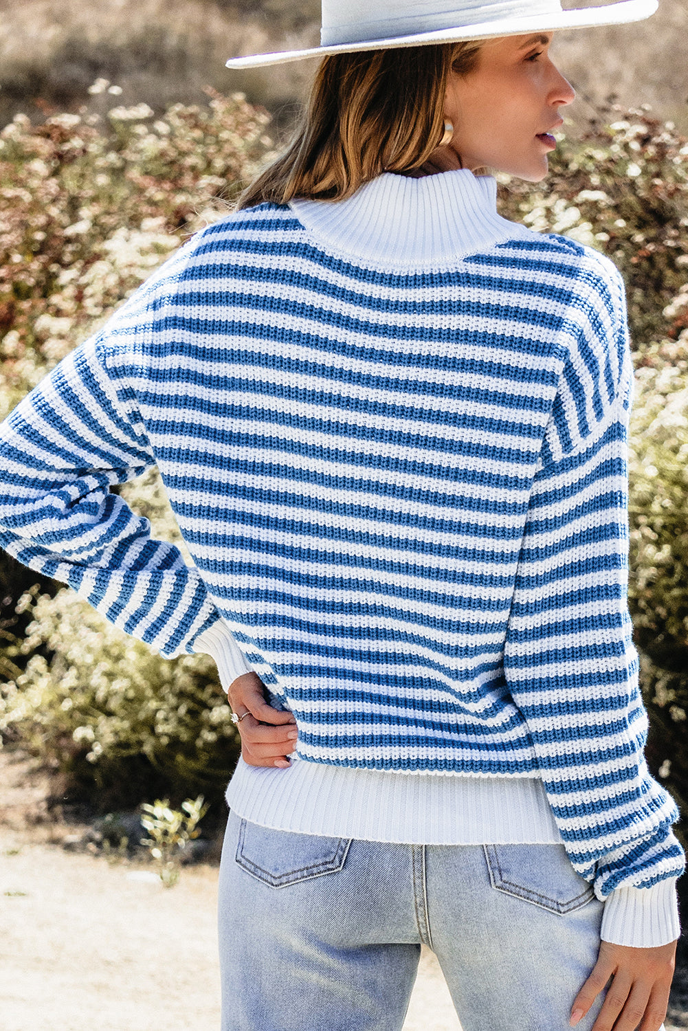Bright Blue & White Stripe 1/4 Zip Mock Collar Knit Sweater