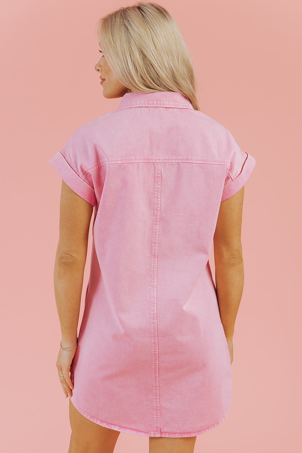 Pink Short Sleeve Button Down Denim Shirt Dress