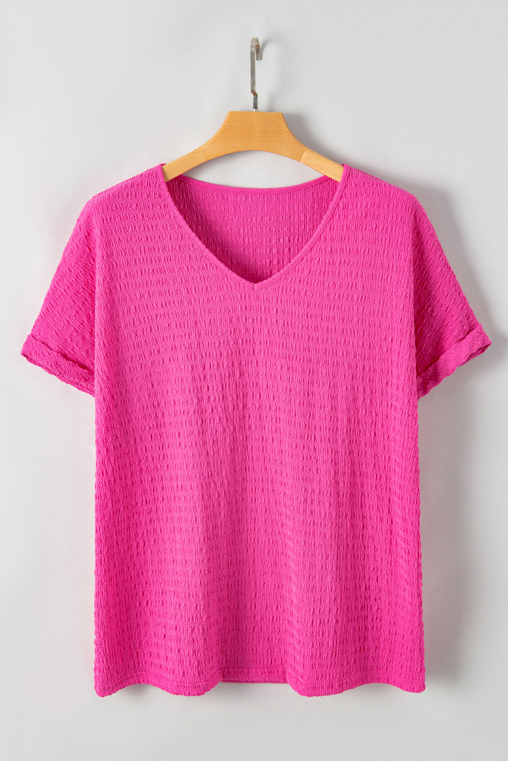 Bright Pink Plus Size Textured Short Sleeve V-Neck Shirt
