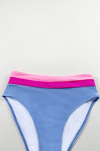Light Blue and Pink Colorblock High Waisted Bikini Swimsuit