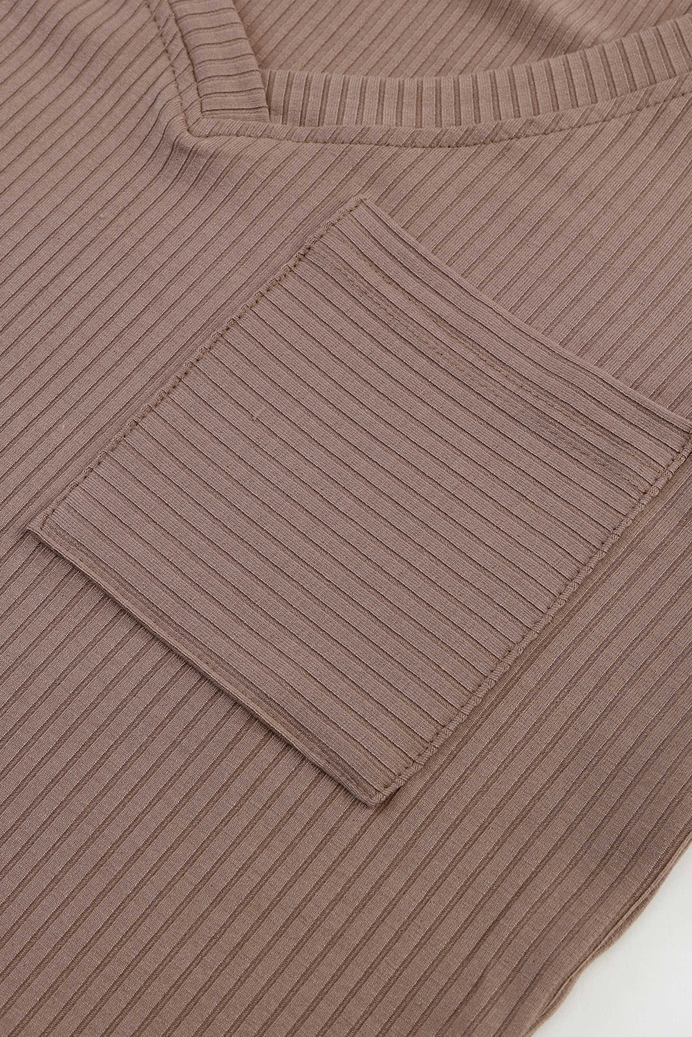 Taupe V-Neck Chest Pocket Ribbed Knit Top