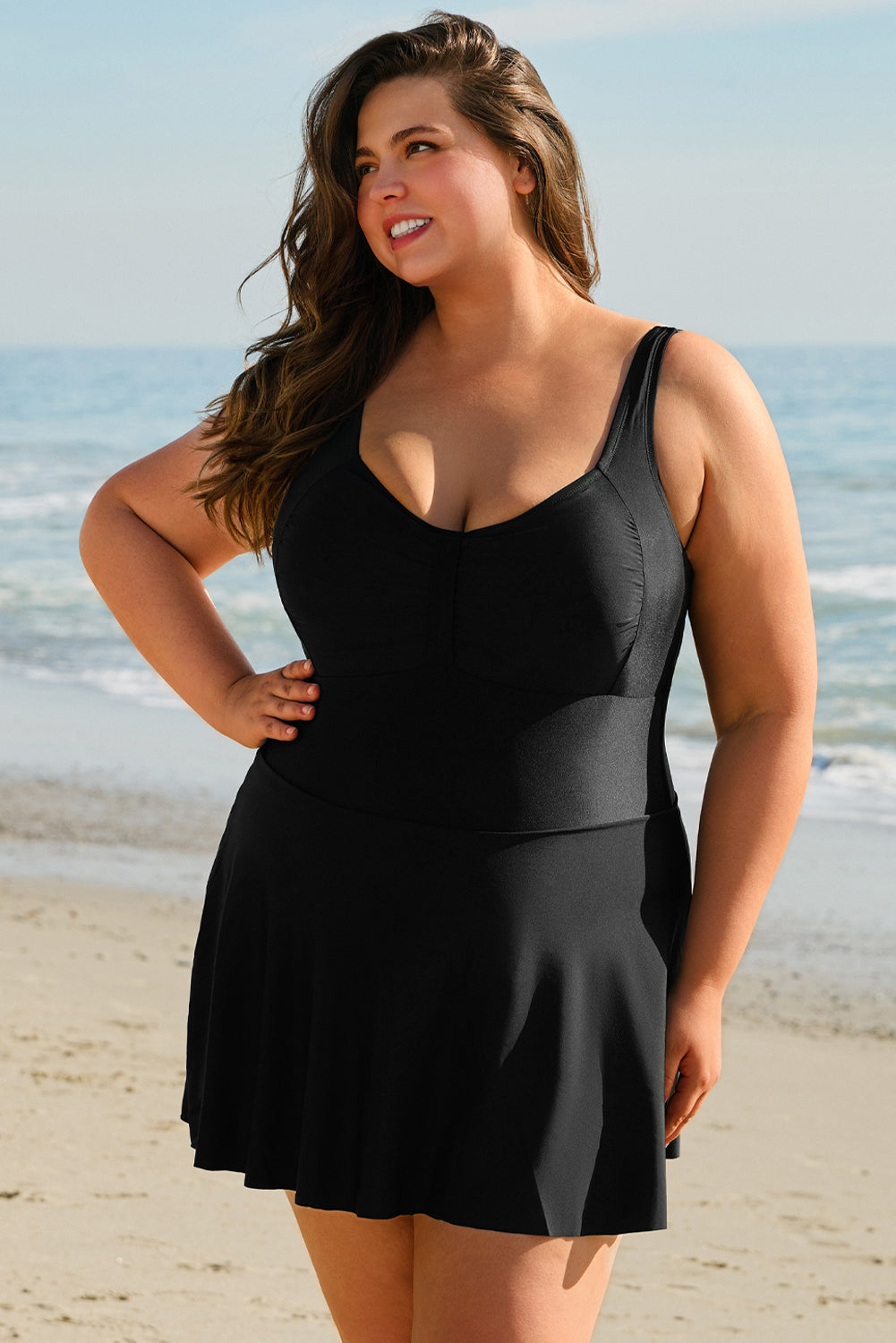 Black Plus Size Ruffled Sweetheart Neckline One-Piece Swim Dress