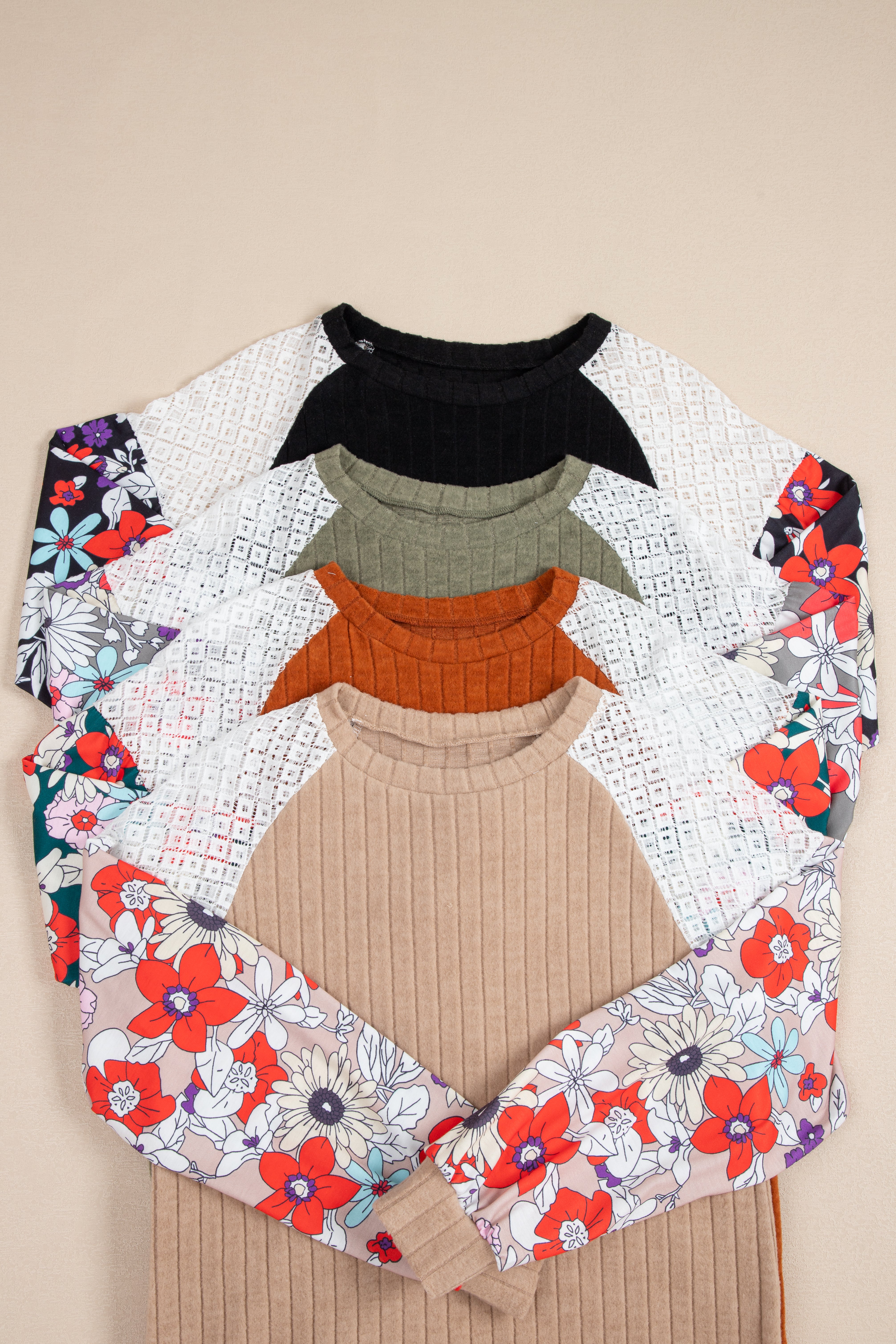 Black Floral Color Block Long Sleeve Textured Shirt
