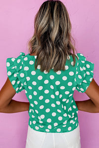 Polka Dot Print V-Neck Ruffled Flutter Sleeve Blouse