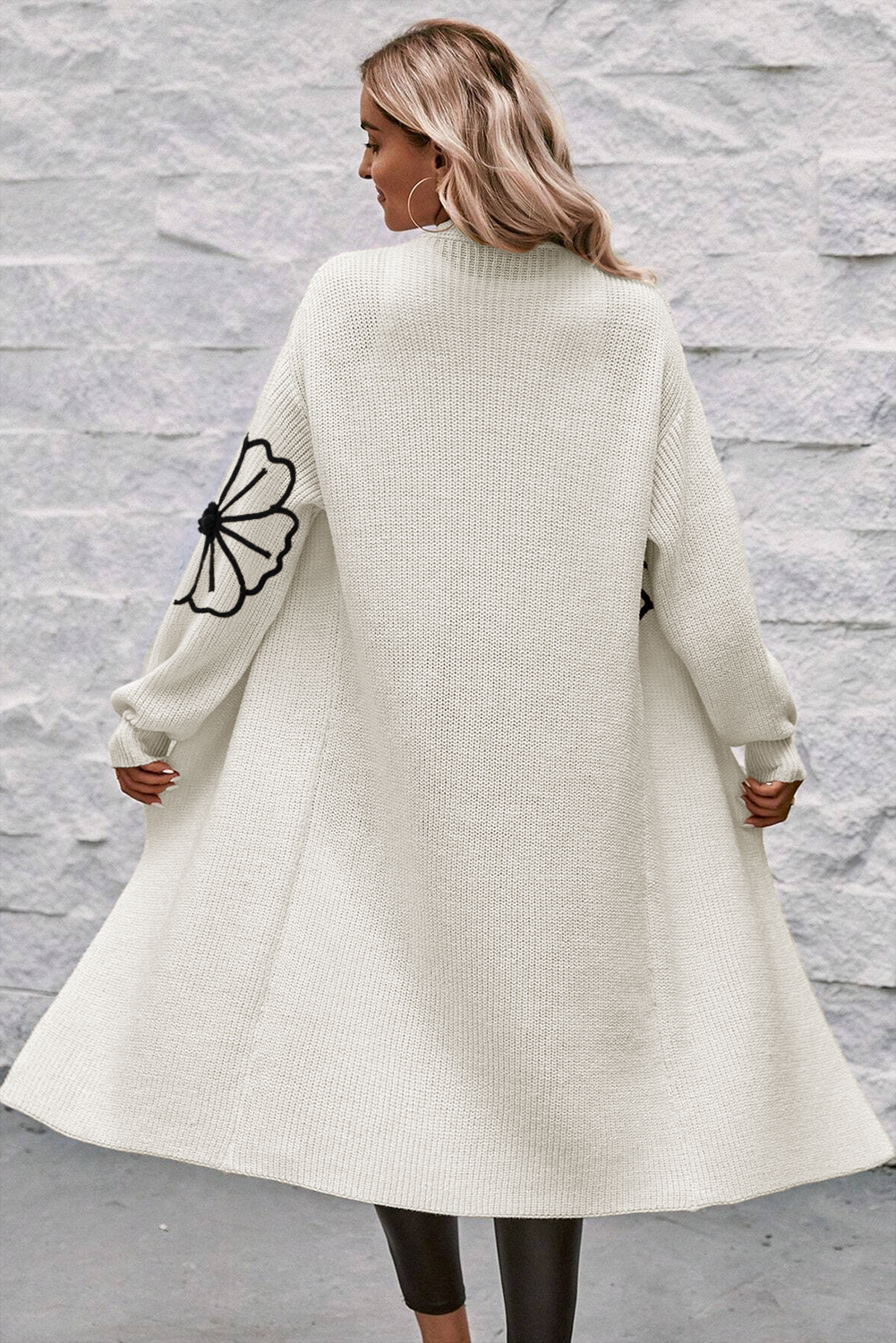 White with Black Floral Embroidered Drop Shoulder Open Front Duster Cardigan