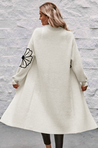 White with Black Floral Embroidered Drop Shoulder Open Front Duster Cardigan