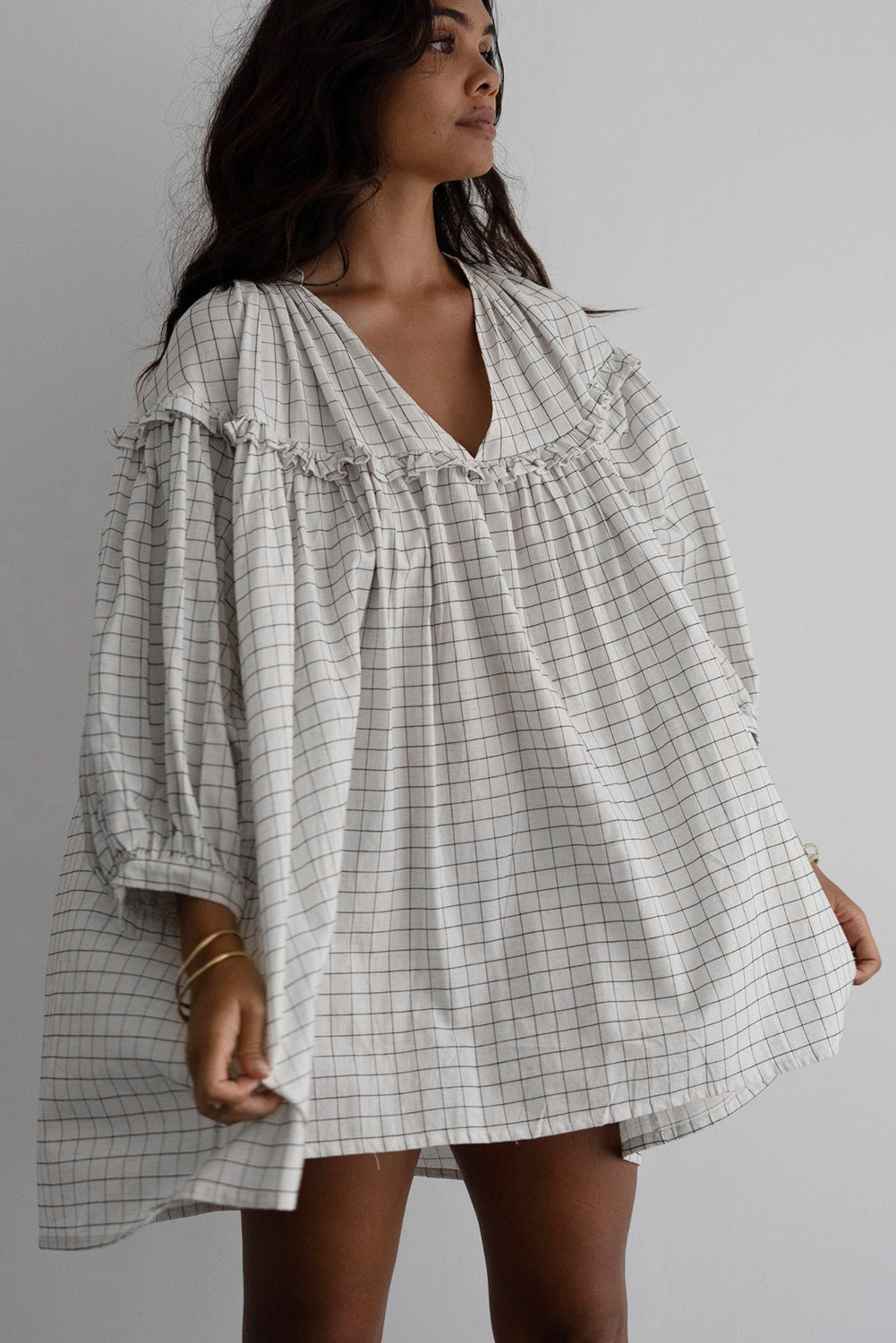 White Stripe Checkered Frilled V-Neck Bracelet Sleeve Babydoll Dress