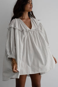 White Stripe Checkered Frilled V-Neck Bracelet Sleeve Babydoll Dress