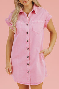 Pink Short Sleeve Button Down Denim Shirt Dress