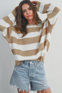 Light Beige Striped Drop Shoulder Side Slit Cable Knit Sweater