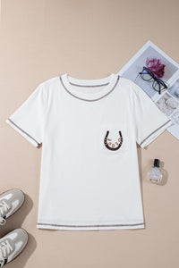 White RODEO Horseshoe Embroidered Chest Pocket Tee