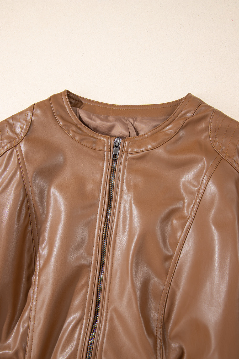 Chestnut Faux Leather Zip Up Slim Fit Bomber Jacket