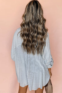 Black Stripe Roll-tab Raglan Sleeve Over-Sized Tunic Blouse