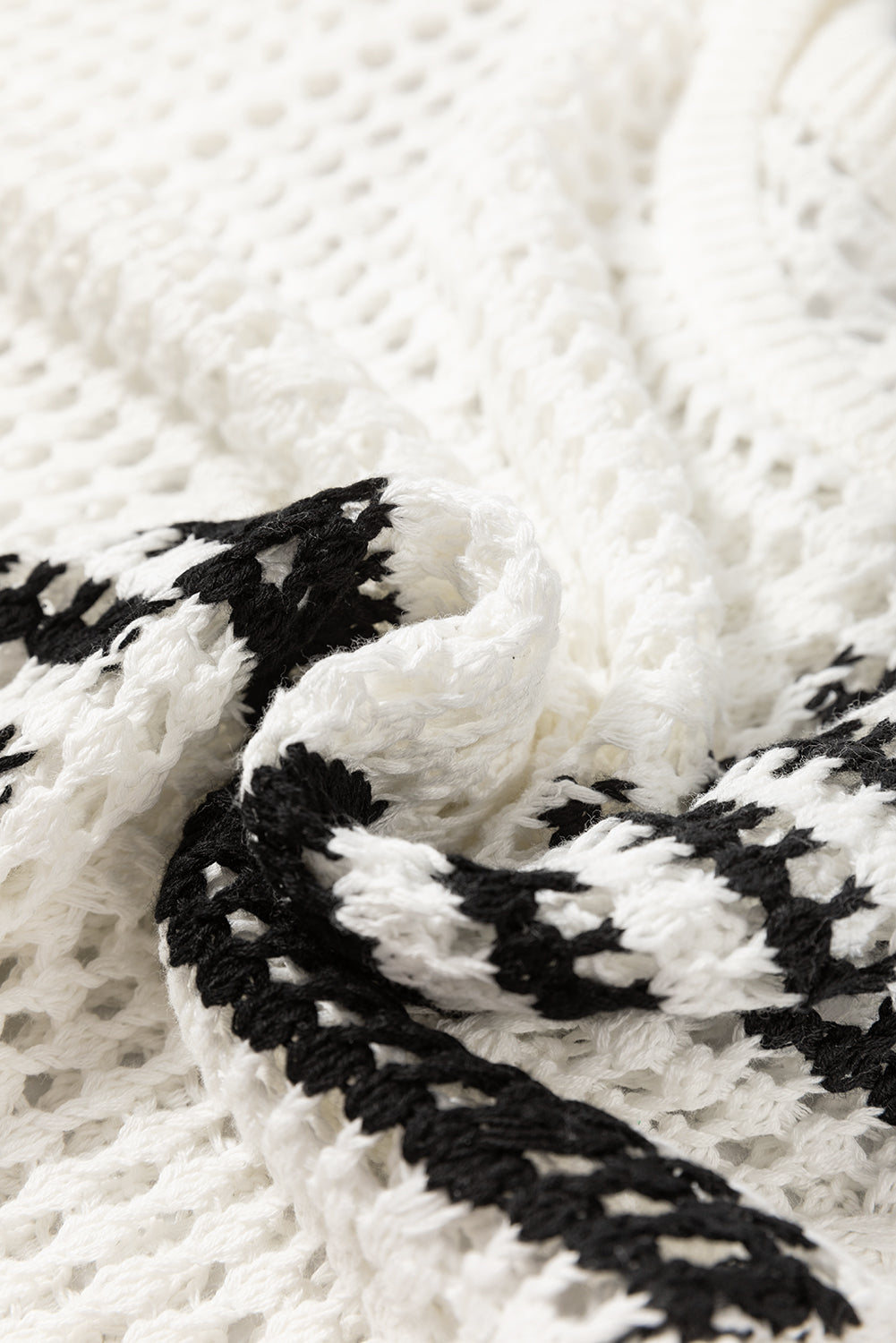 White Black Stripe Open Knit Puff Sleeve Sweater