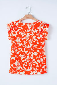 Orange Floral Ruffle Flutter Sleeve Blouse