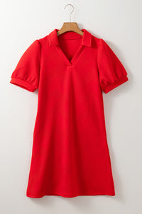 Fiery Red Textured Collared V-Neck Puff Short Sleeve Shift Mini Dress