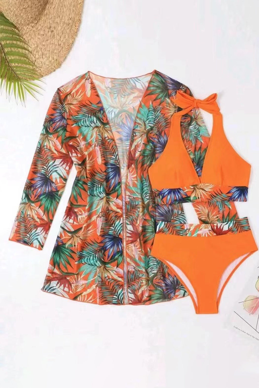 3-Piece Tropical Print Contrast Halter Bikini Set with Cover Up