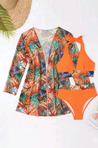 3-Piece Tropical Print Contrast Halter Bikini Set with Cover Up