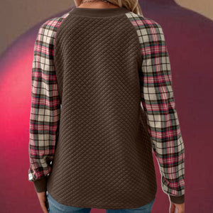 Dark Brown Quilted Crewneck Sweatshirt with Plaid Raglan Sleeves