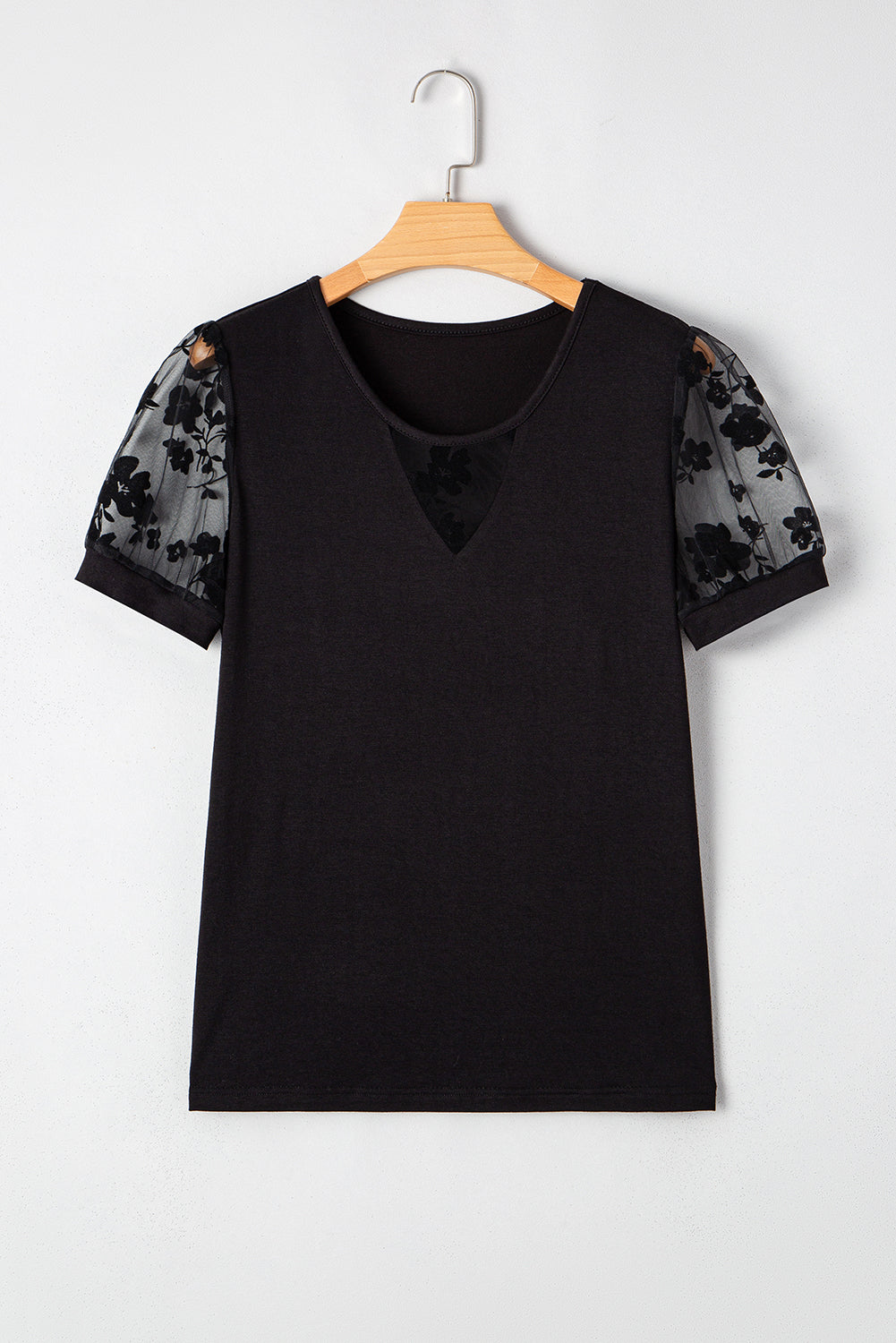 Black Floral Lace V-Neck Cut-out Short Sleeve Top