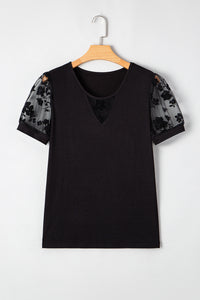 Black Floral Lace V-Neck Cut-out Short Sleeve Top