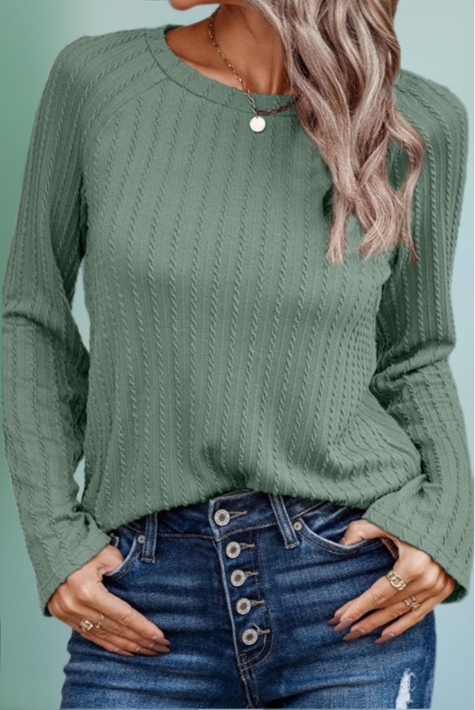 Dark Sage Long Sleeve Textured Knit Top