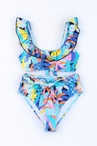 Caribbean Blue Tropical Print Ruffled Square Neck High Waist Swimsuit