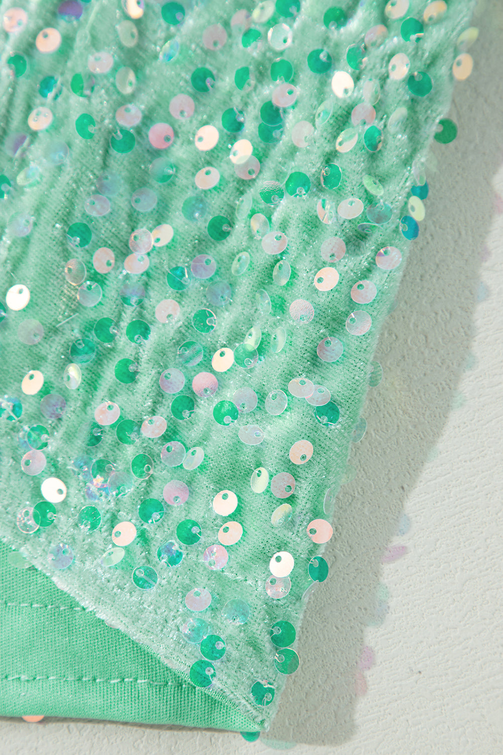 Mint Green Sequined Velour Batwing Sleeve Hi-lo V-Neck Top
