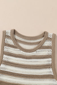 Khaki Stripe Sleeveless Open Knit Sweater Dress