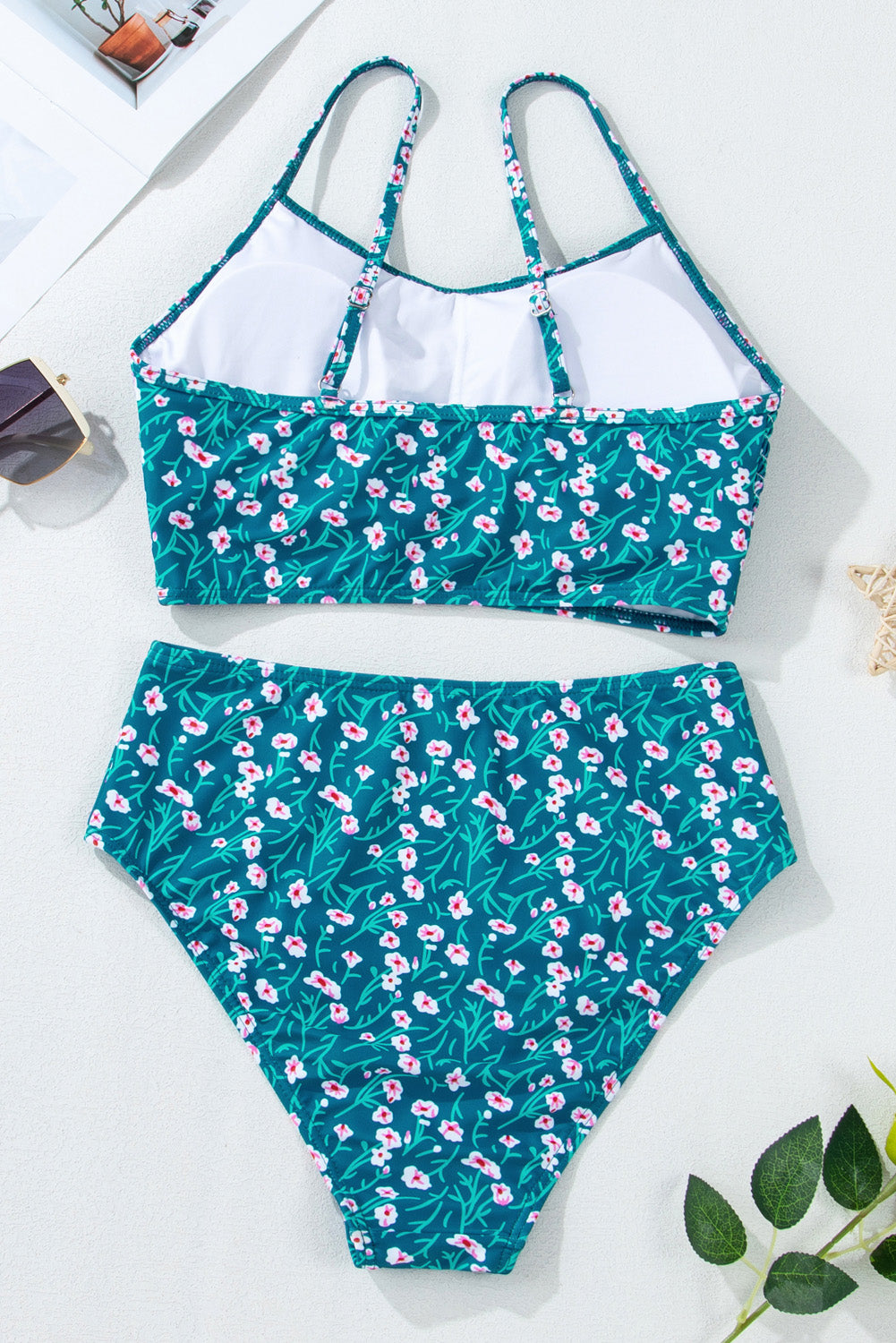 Blue Teal Mini Floral Print Smocked Bikini Top and Bottom Set