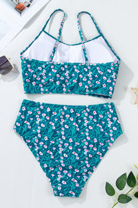 Blue Teal Mini Floral Print Smocked Bikini Top and Bottom Set