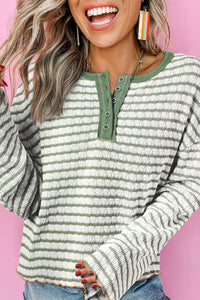Green Stripe Textured Henley Long Sleeve Top