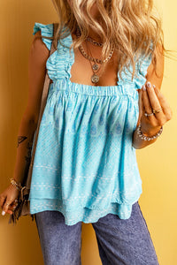Sky Blue Paisley Print Ruffled Strap Tank Top
