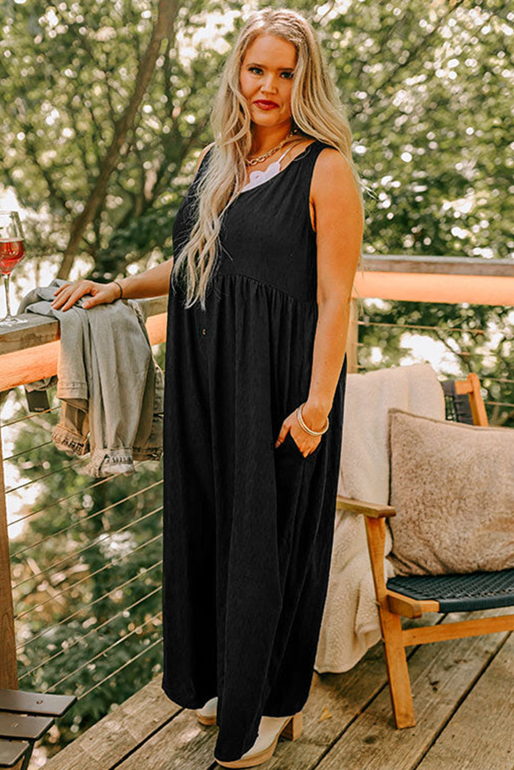 Black Plus Size Textured Sleeveless Button Front Wide Leg Jumpsuit