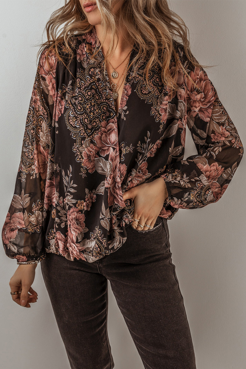 Black Floral Print Cross Over V-Neck Balloon Sleeve Blouse