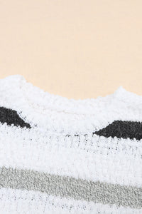 White with Blue & Tan Striped Popcorn Knit Sweater
