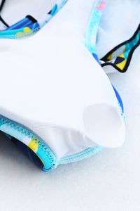 Caribbean Blue Tropical Print Ruffled Square Neck High Waist Swimsuit