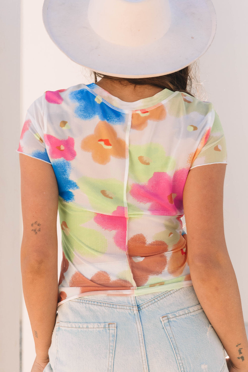 Multi Color Floral Sheer Mesh Cropped Tee