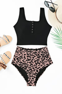 Solid Color Snap Neckline Top Printed Bottom Tankini