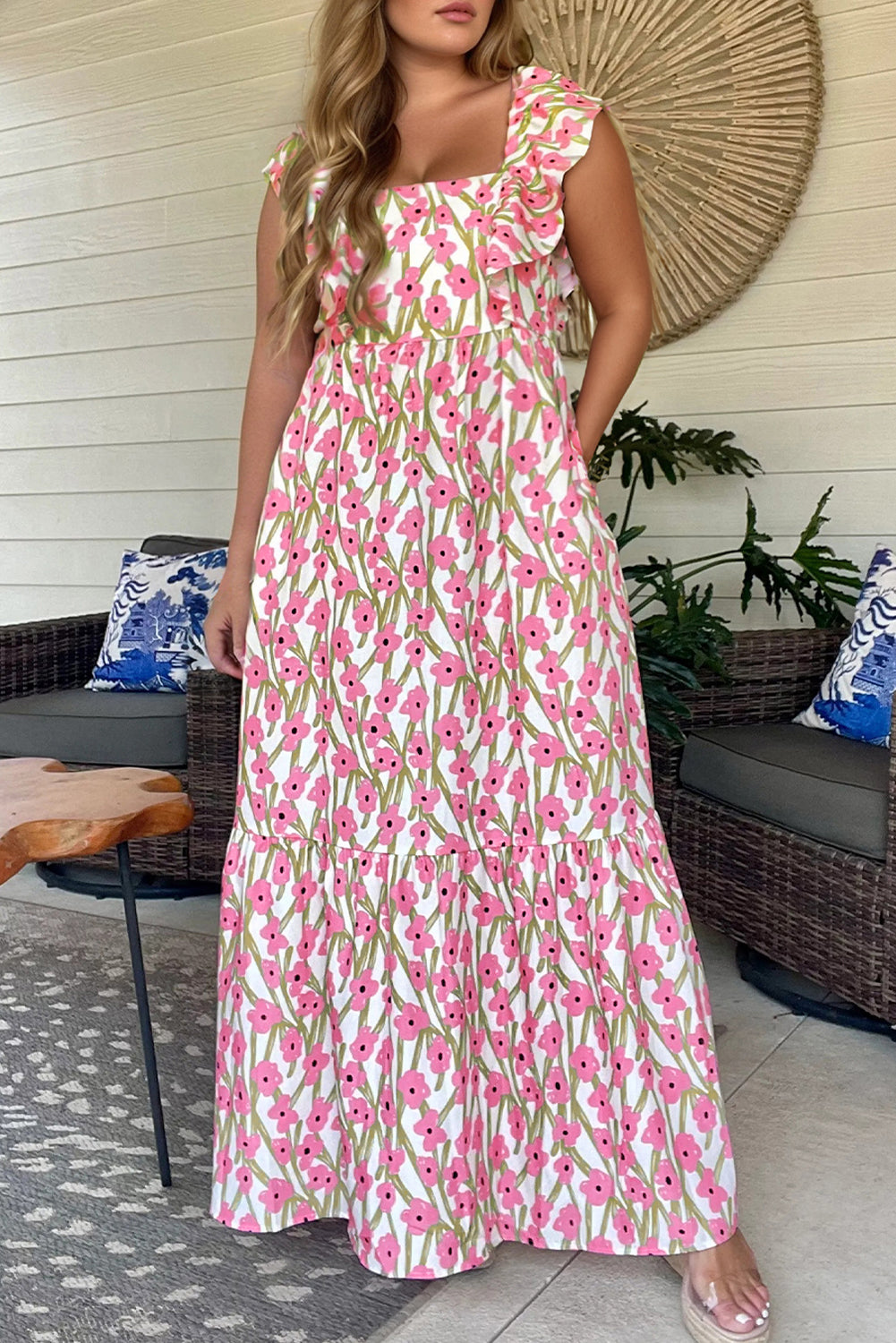 Plus Size Pink Floral Print Square Neck Ruffled Maxi Sun Dress