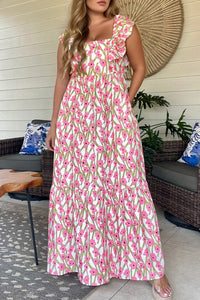 Plus Size Pink Floral Print Square Neck Ruffled Maxi Sun Dress
