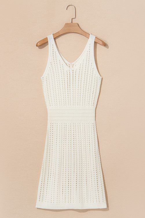 White Open Knit Crochet V-Neck Beach Tank Dress