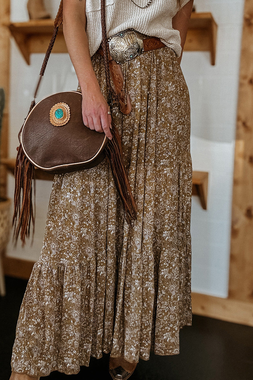 Brown Floral Print Elastic Waist Tiered Maxi Skirt