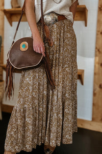 Brown Floral Print Elastic Waist Tiered Maxi Skirt