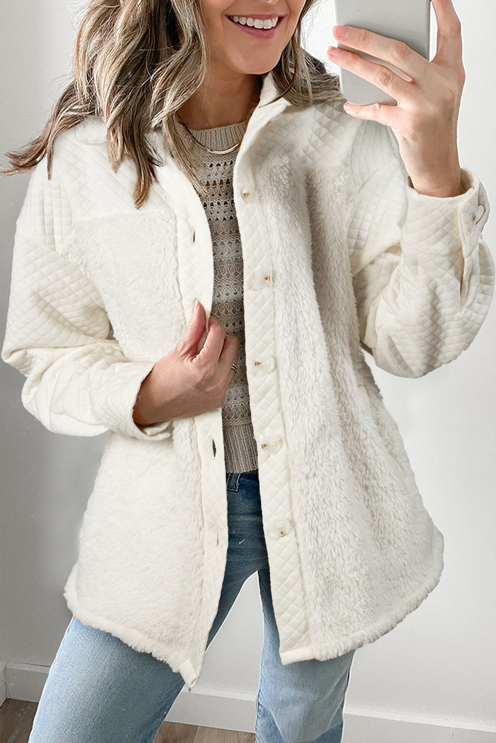 White Quilted Sherpa Patchwork Button Up Shacket