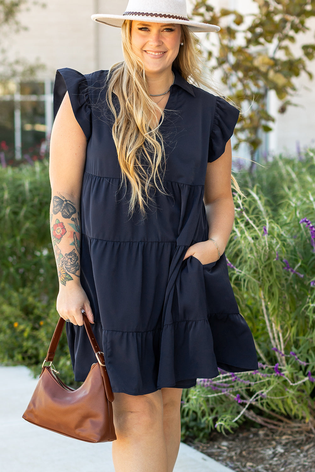 Navy Blue Collared V-Neck Flutter Sleeve Tiered Plus Size Dress